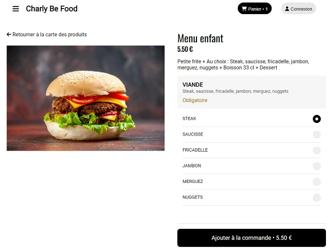 Slide 1 - Page d'un site pour fastfood représentant la page d'un produit.